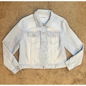 Artisan NY Denim Jacket Womens Large Blue White Stripe Stretch Trucker Preppy